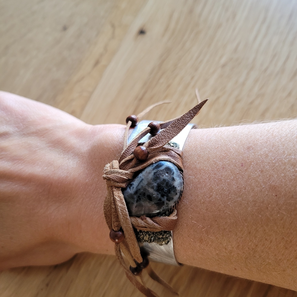 Wide Aluminum Cuff Bracelet with Leather & Pyrite – Artisan Boho